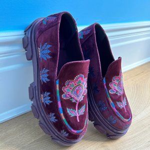 Farm Rio Burgundy Embroidered Lug Sole Slip On Loafer